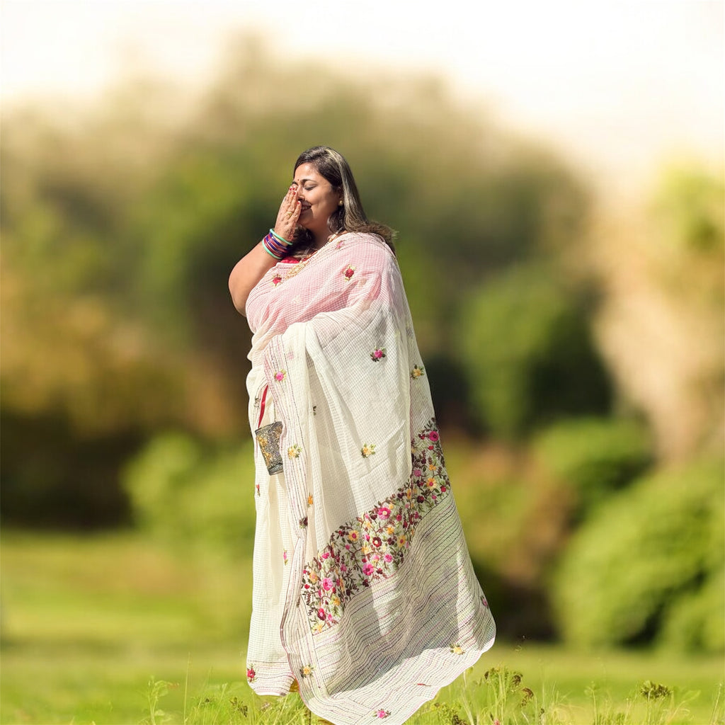 ISHRI Kolkata Kantha Stitch Hand Embroidered Saree with Sequin Detailing