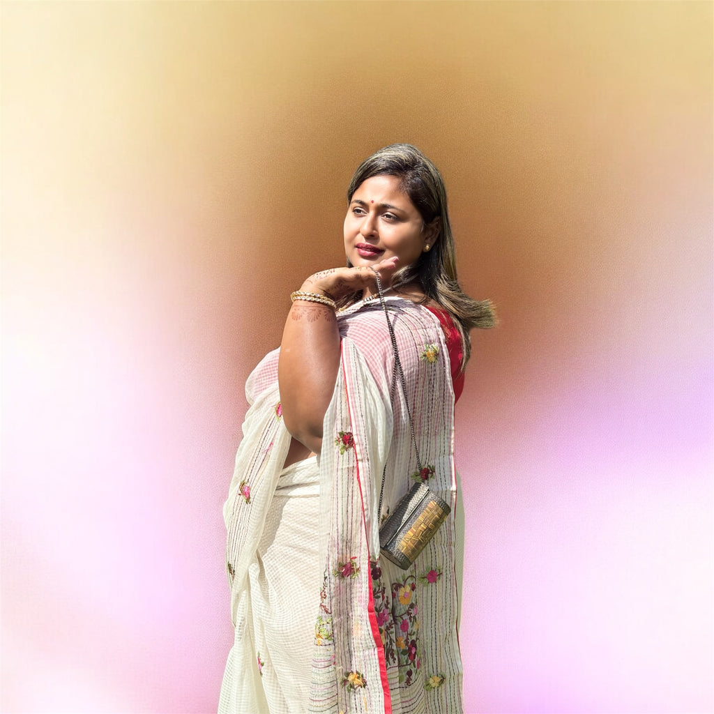 ISHRI Kolkata Kantha Stitch Hand Embroidered Saree with Sequin Detailing