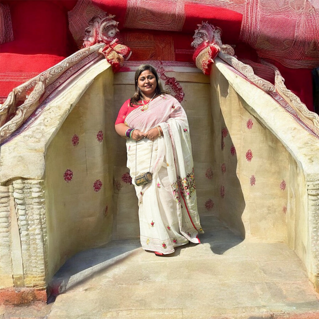 ISHRI Kolkata Kantha Stitch Hand Embroidered Saree with Sequin Detailing