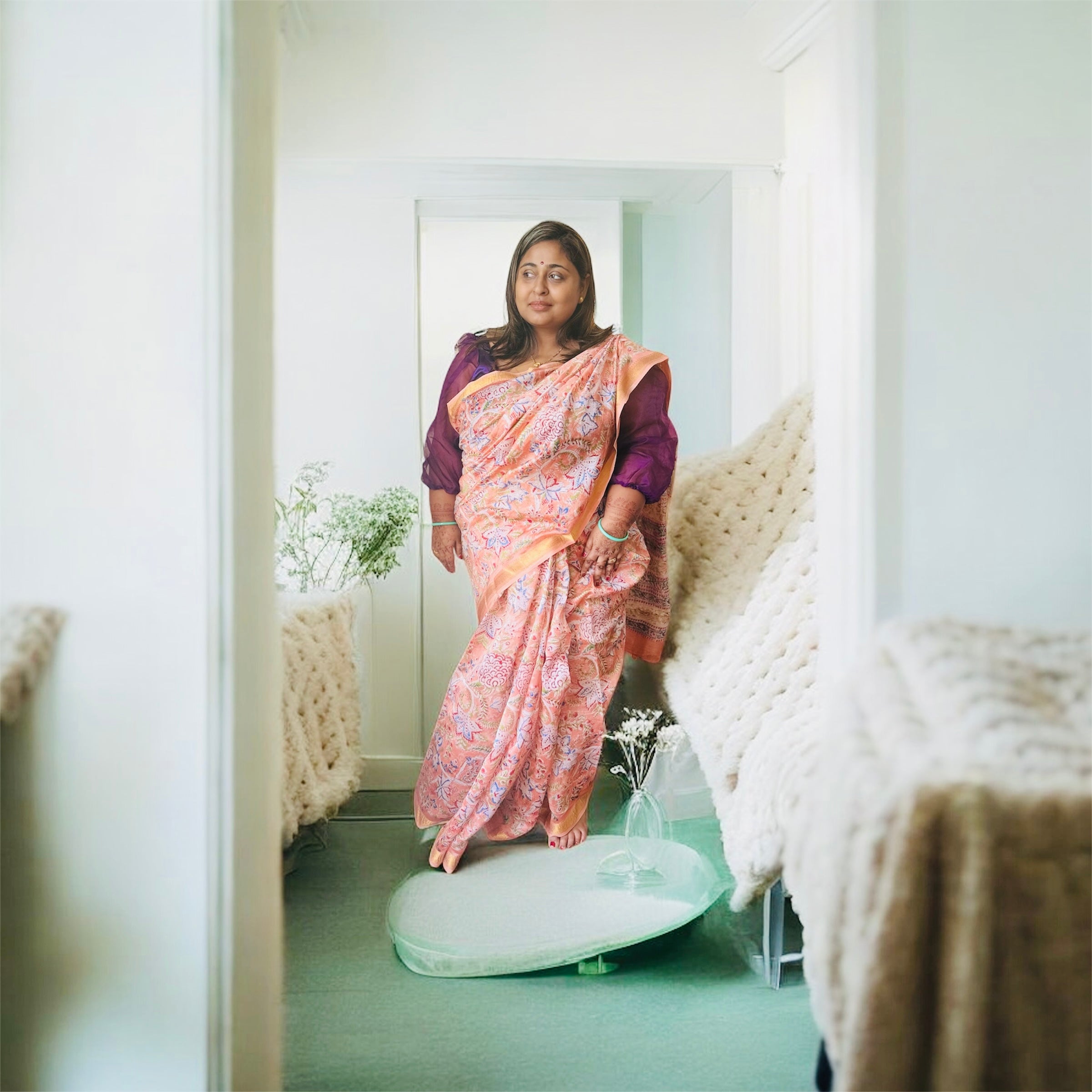 ISHRI Elegant Orange Jaipuri Floral Chanderi Cotton Saree