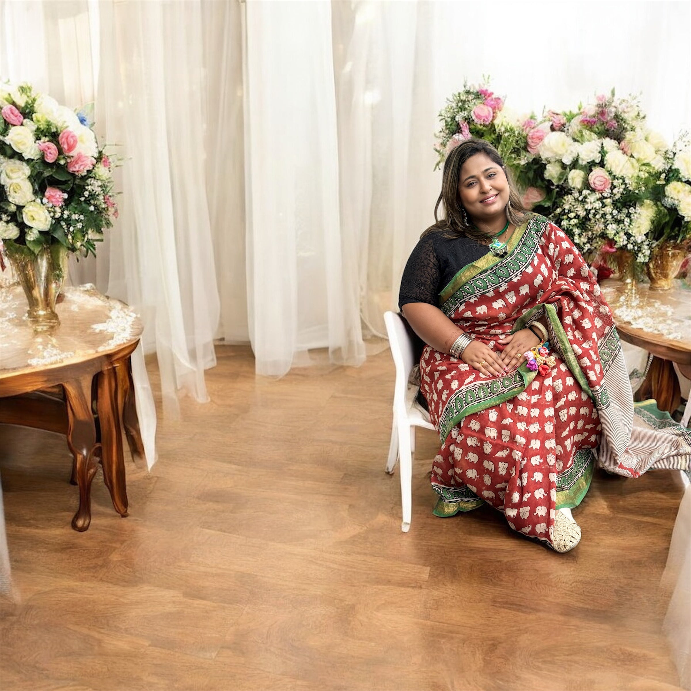 ISHRI Maheshmati Chanderi Silk Cotton Saree with Elephant Hand Block Print