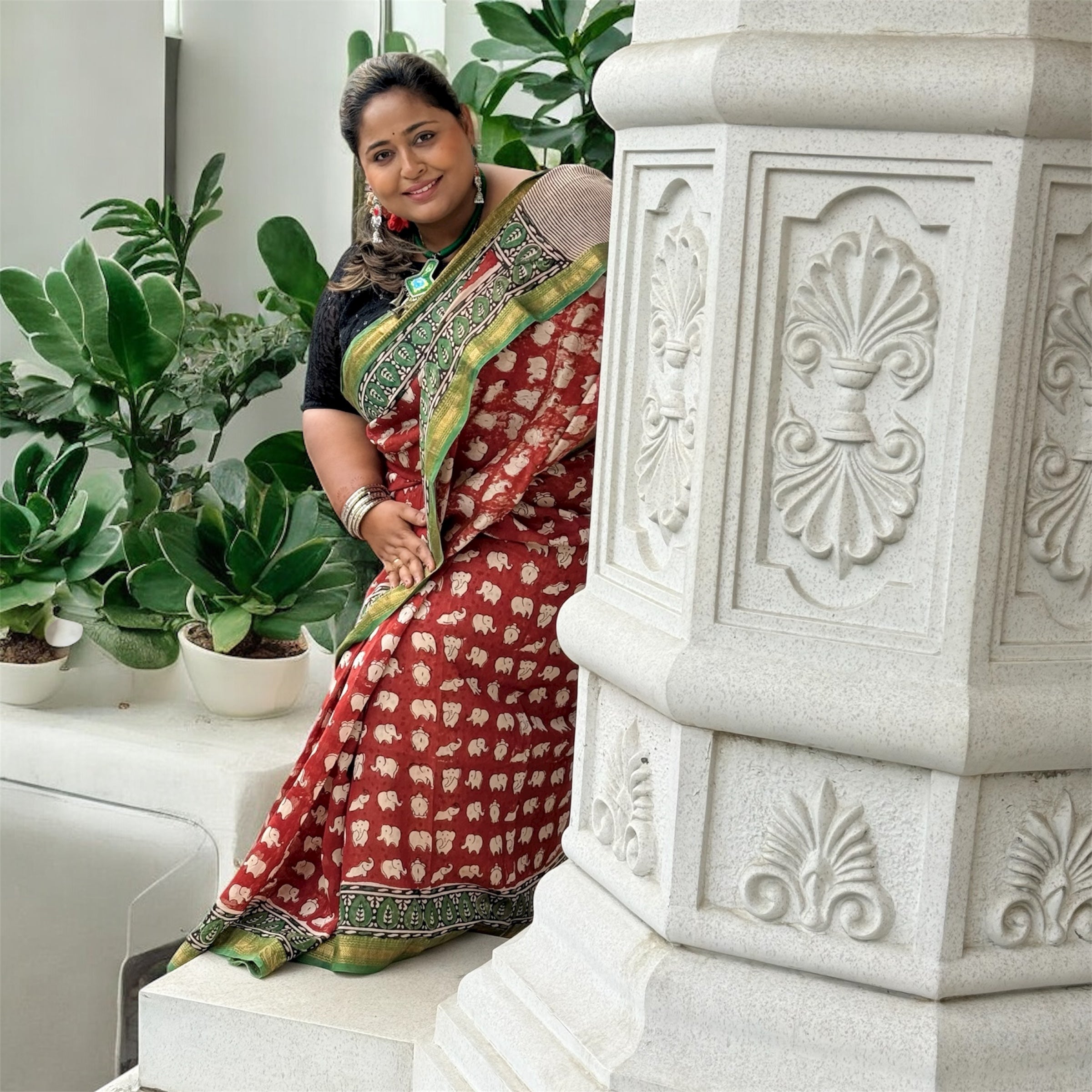 ISHRI Maheshmati Chanderi Silk Cotton Saree with Elephant Hand Block Print