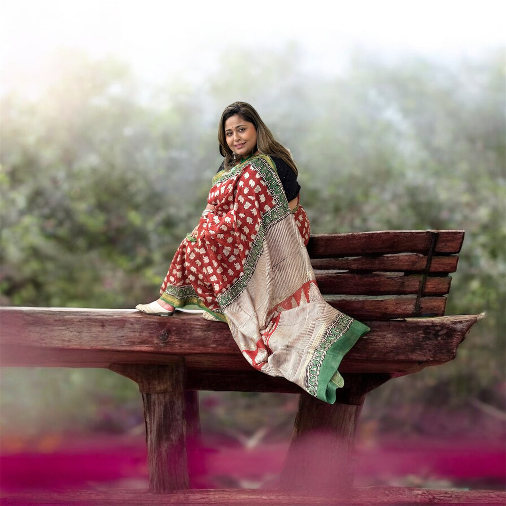 ISHRI Maheshmati Chanderi Silk Cotton Saree with Elephant Hand Block Print