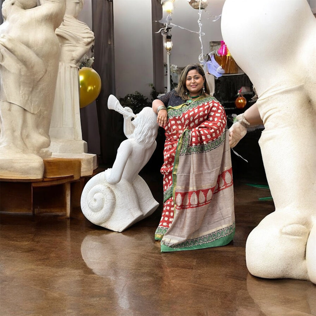 ISHRI Maheshmati Chanderi Silk Cotton Saree with Elephant Hand Block Print