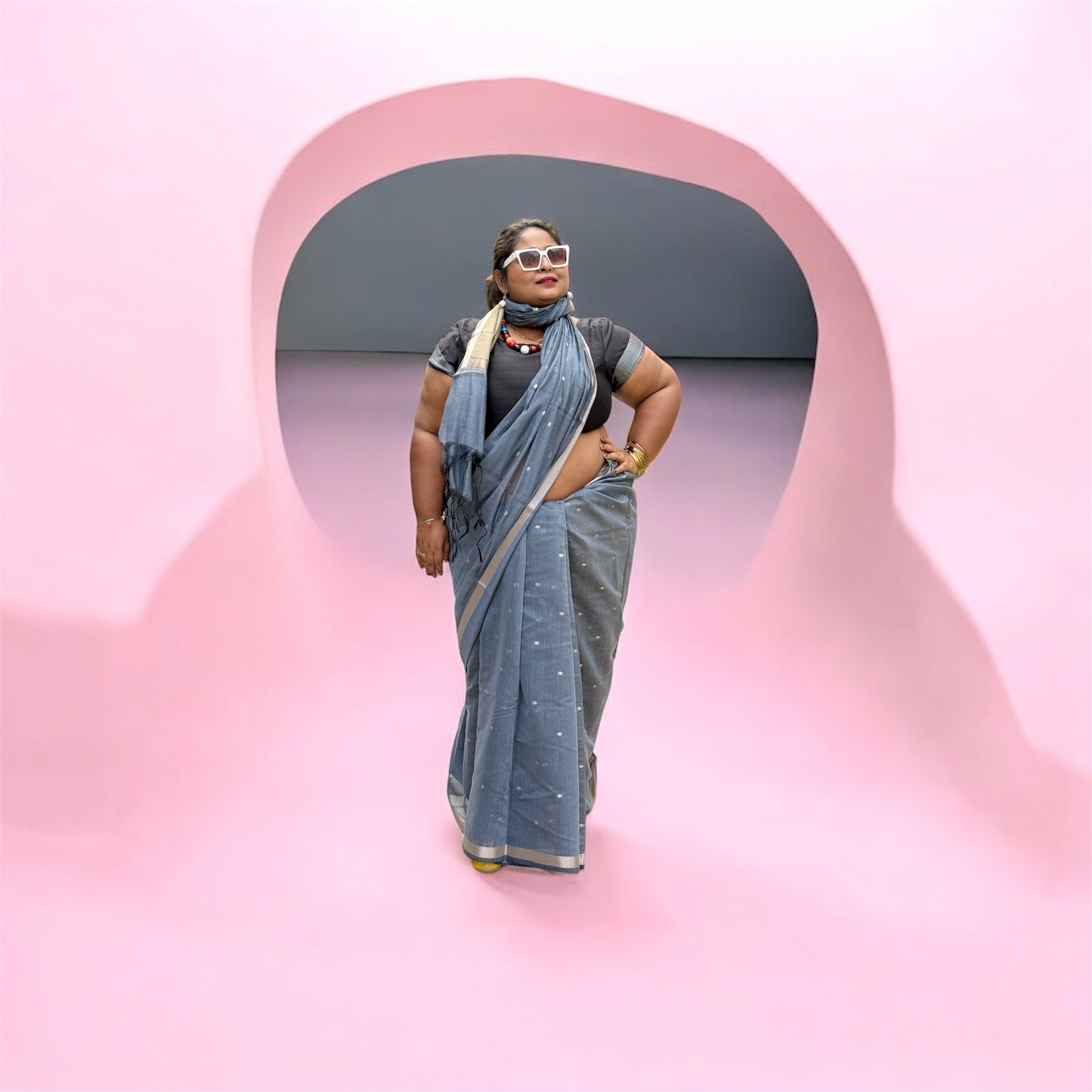 Slate Grey Cotton-Linen Saree – Modern Elegance by ISHRI