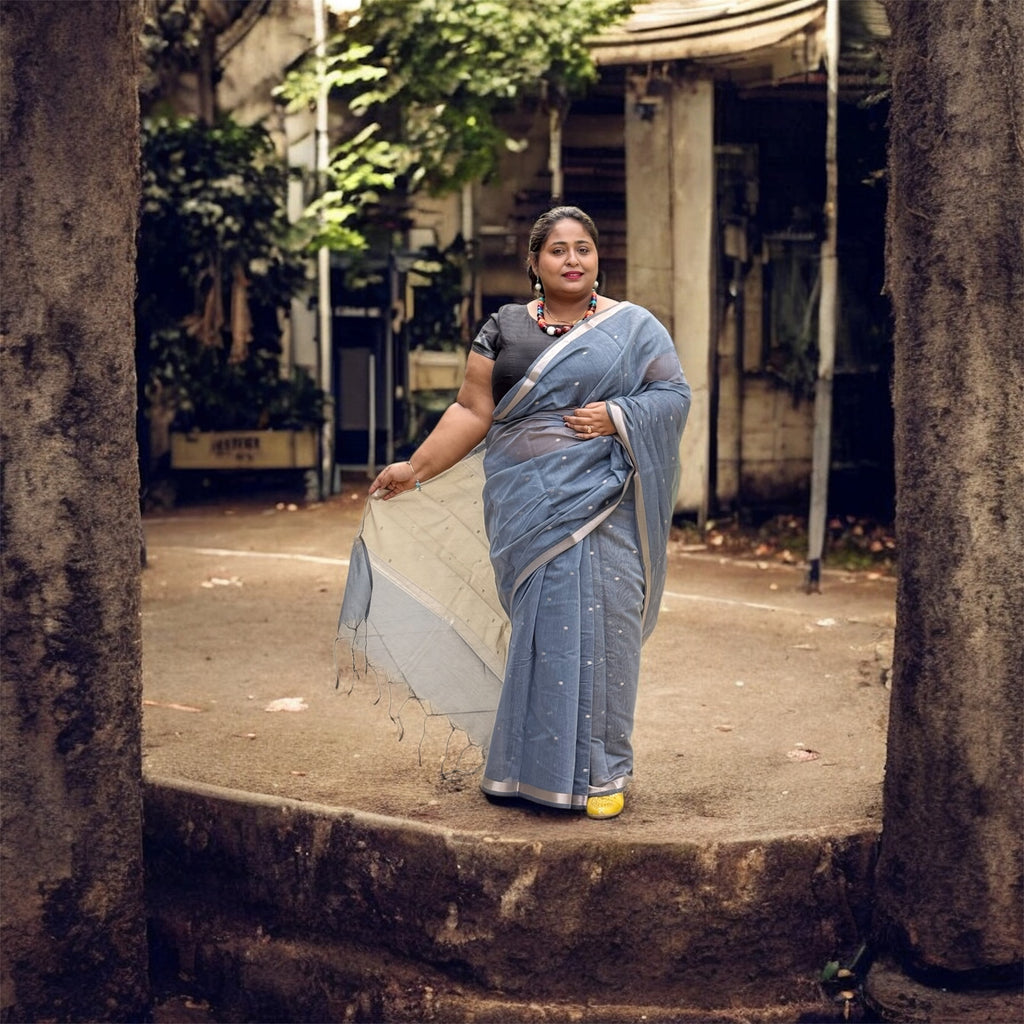 Slate Grey Cotton-Linen Saree – Modern Elegance by ISHRI