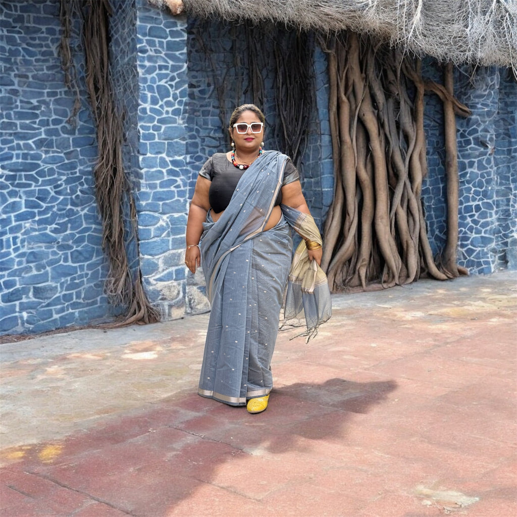 Slate Grey Cotton-Linen Saree – Modern Elegance by ISHRI