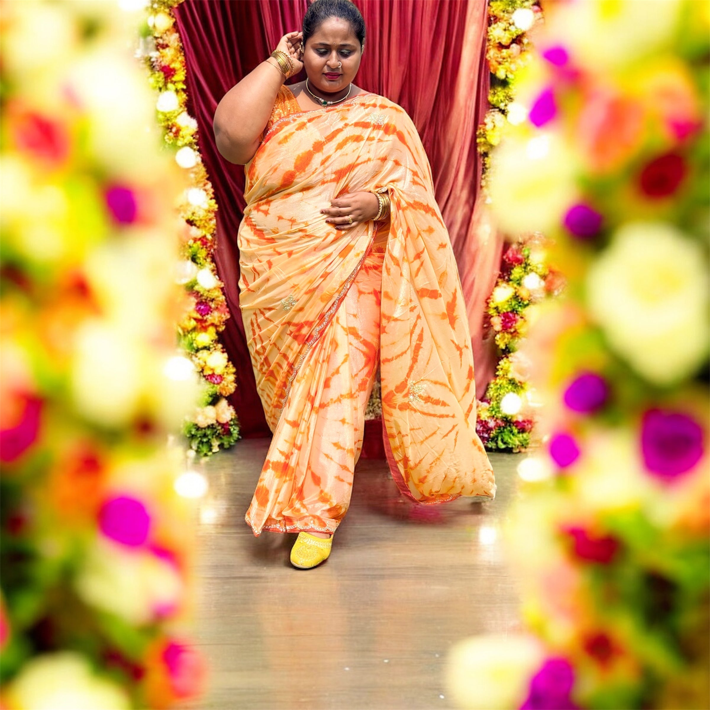 Sunlit Radiance – Orange Tie-Dye Saree with Embellished Border