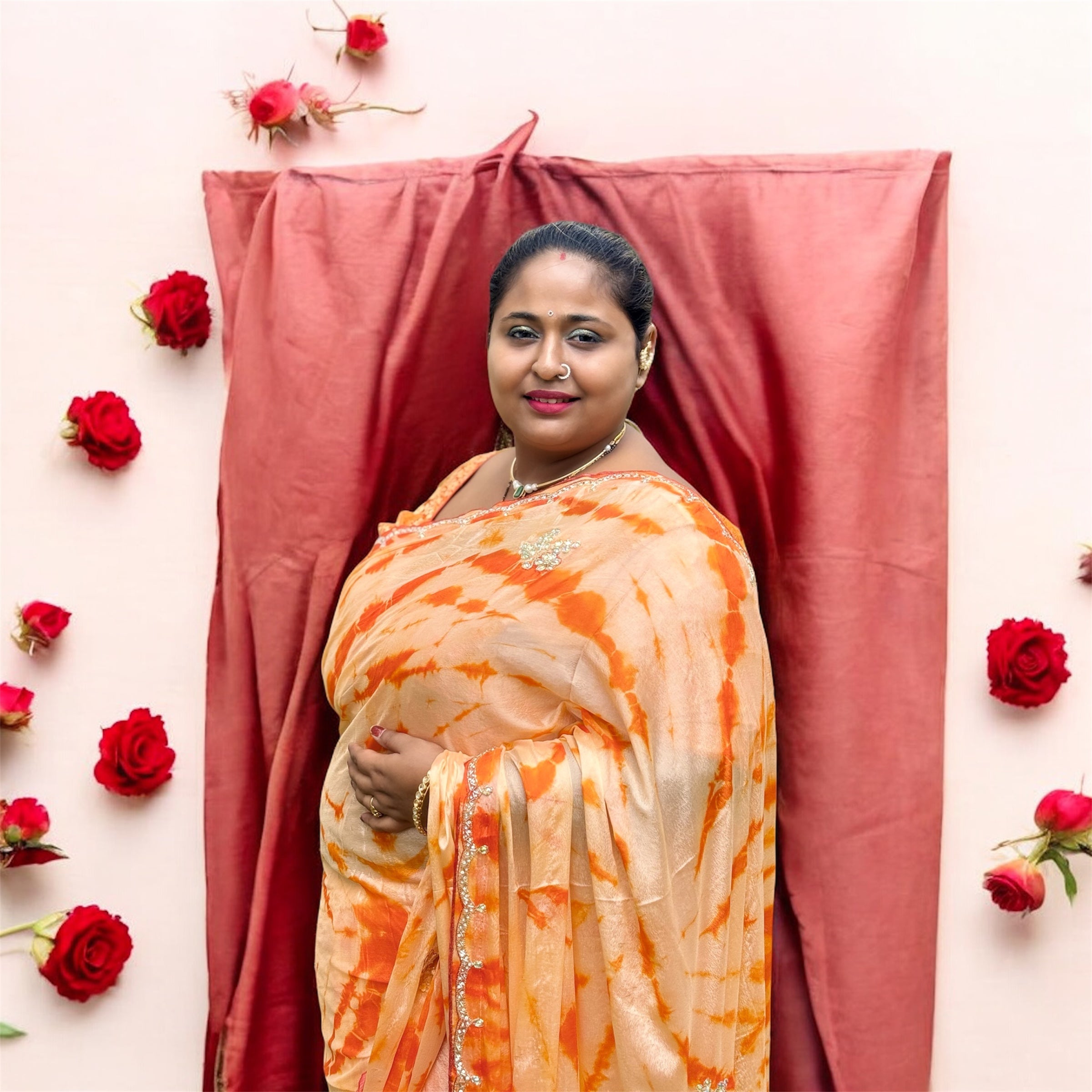 Sunlit Radiance – Orange Tie-Dye Saree with Embellished Border