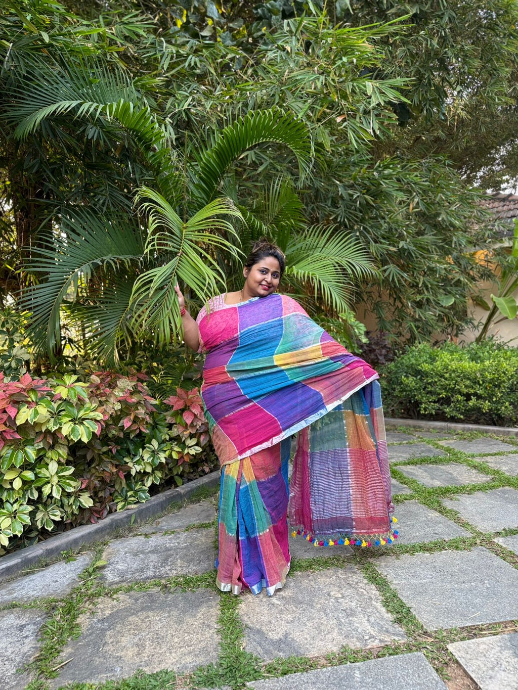 Rangdhara – Multicolor Handwoven Checkered Cotton Saree with Tassels