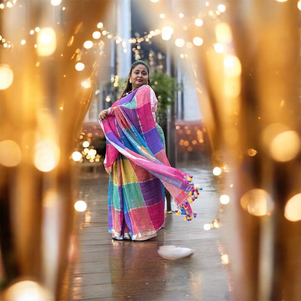 Rangdhara – Multicolor Handwoven Checkered Cotton Saree with Tassels