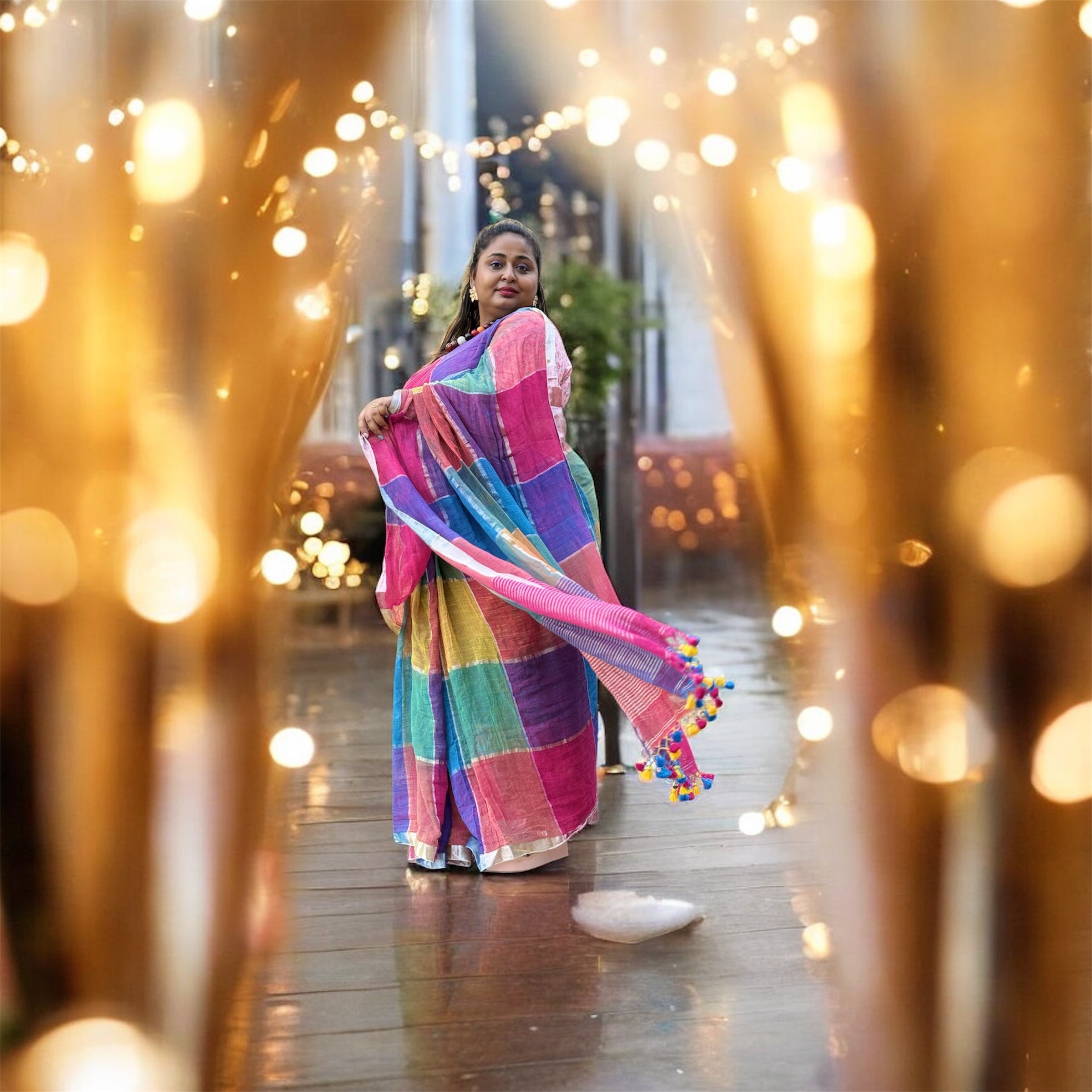 Rangdhara – Multicolor Handwoven Checkered Cotton Saree with Tassels