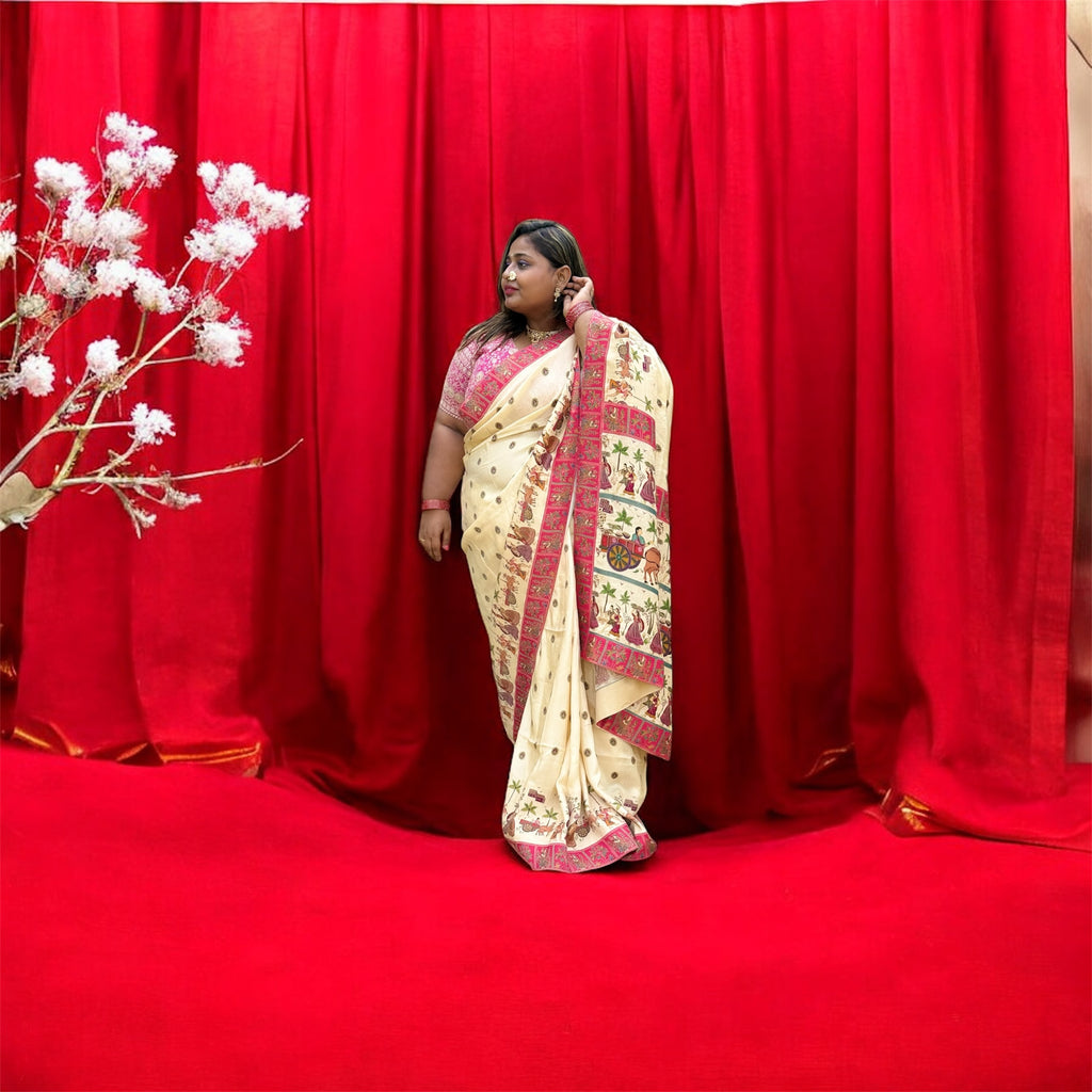 Aaradhya – Soft Silk Cotton Saree with Madhubani Motif Border