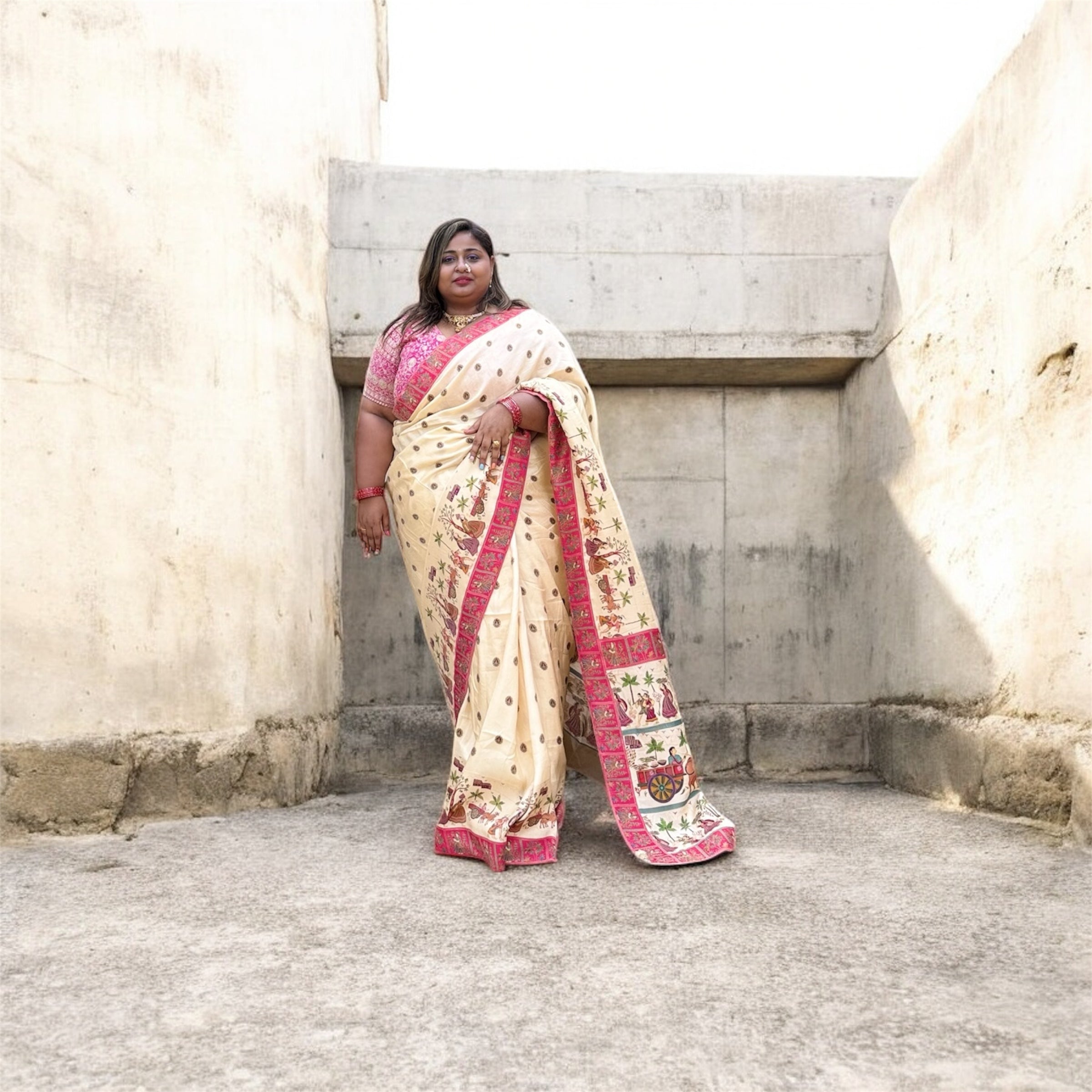 Aaradhya – Soft Silk Cotton Saree with Madhubani Motif Border