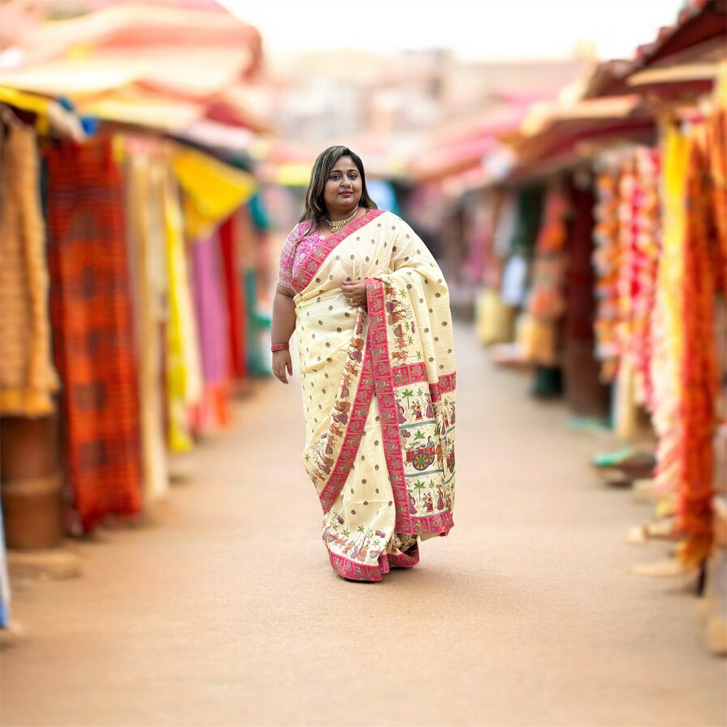 Aaradhya – Soft Silk Cotton Saree with Madhubani Motif Border