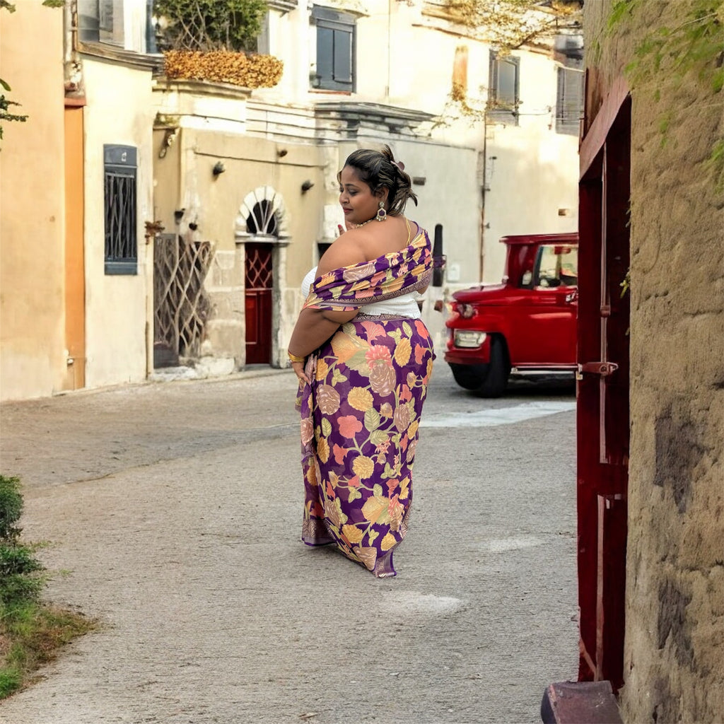 Purple Party-Wear Soft Silk Saree with Glam Kalamkari Floral Design