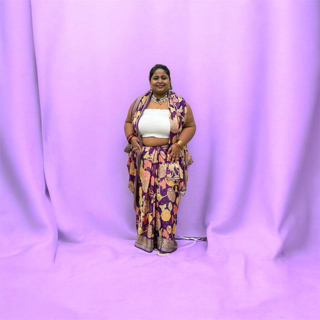 Purple Party-Wear Soft Silk Saree with Glam Kalamkari Floral Design