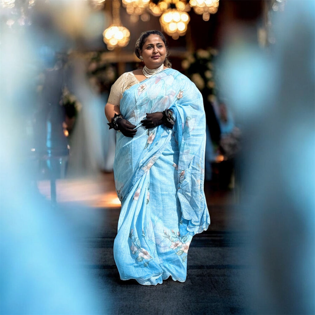 Pastel Blue Soft Silk Cotton Saree – Elegant Partywear with Intricate Motifs