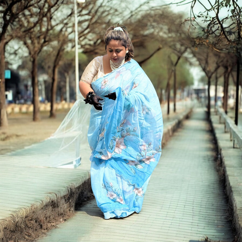 Pastel Blue Soft Silk Cotton Saree – Elegant Partywear with Intricate Motifs