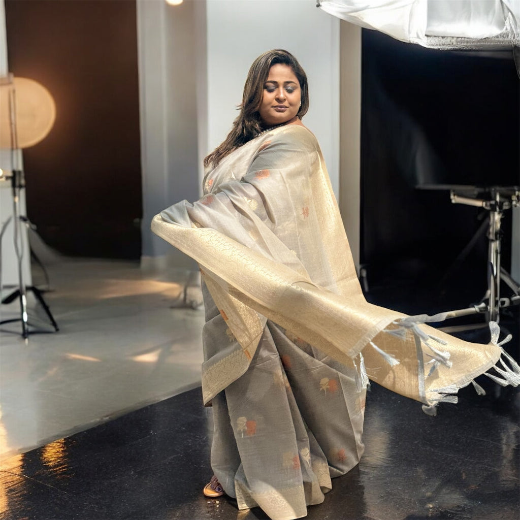 Platinum Grey Soft Tissue Silk Saree with Subtle Zari Shine — Luxury Festive Drape