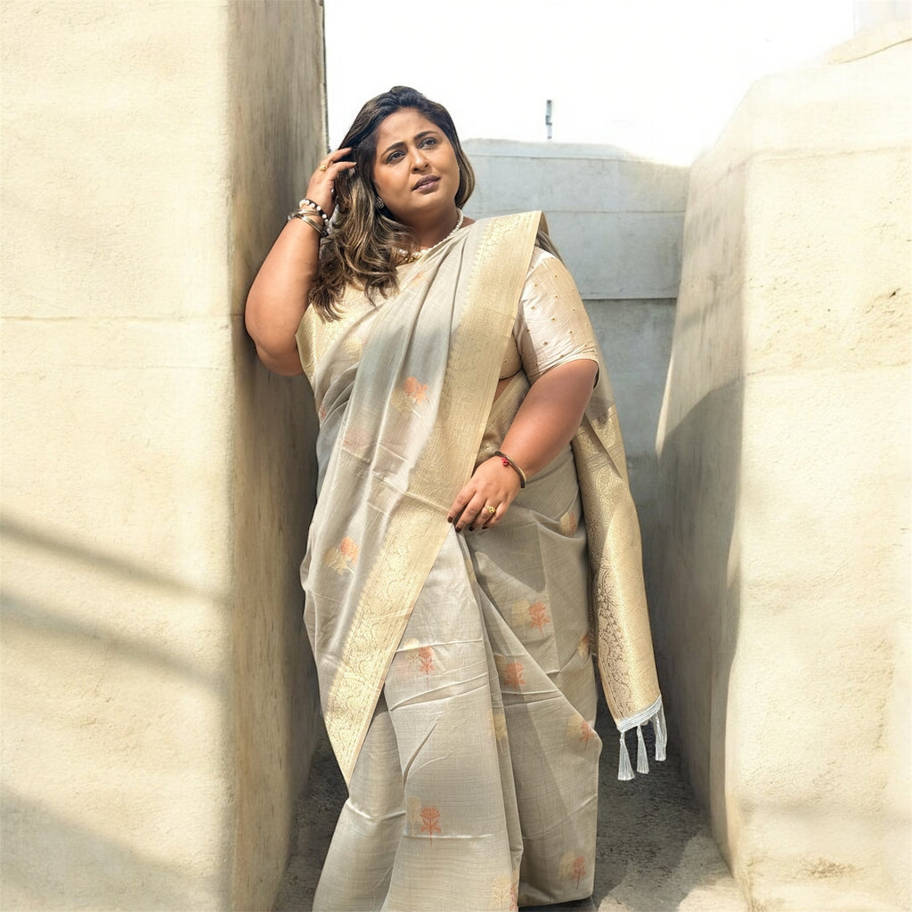 Platinum Grey Soft Tissue Silk Saree with Subtle Zari Shine — Luxury Festive Drape