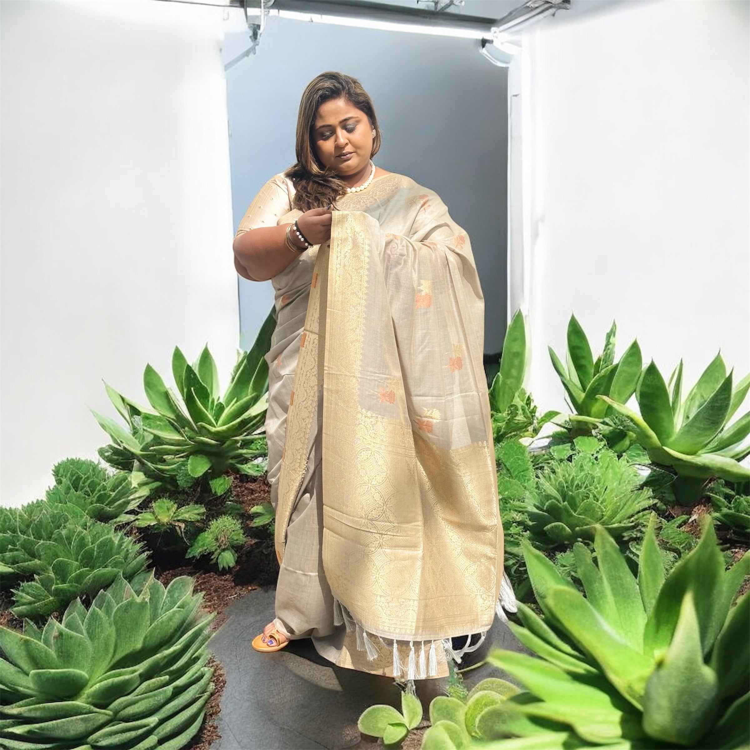 Platinum Grey Soft Tissue Silk Saree with Subtle Zari Shine — Luxury Festive Drape