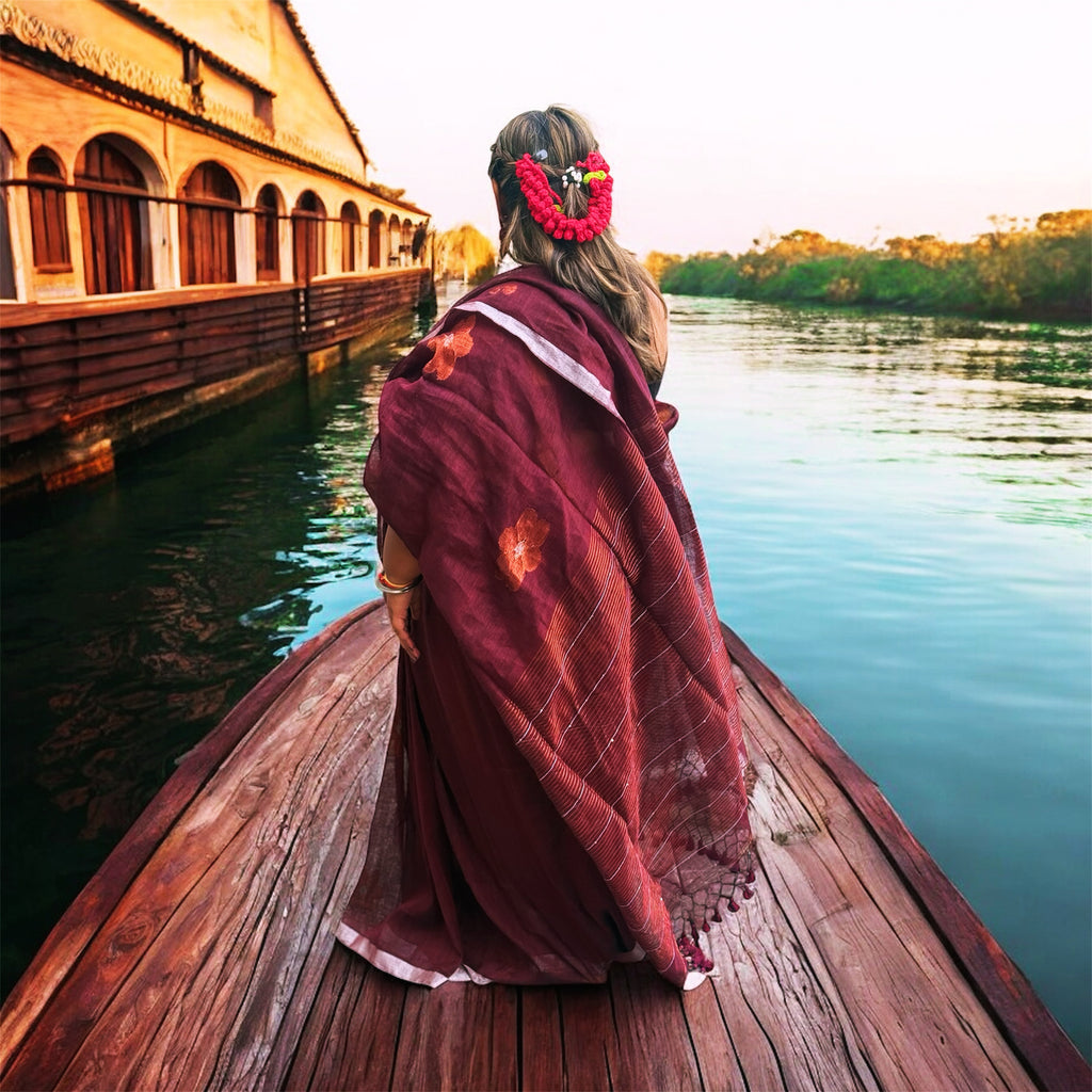 Maroon Soft Handloom Cotton Saree with Silver Zari Border – Timeless Everyday Elegance