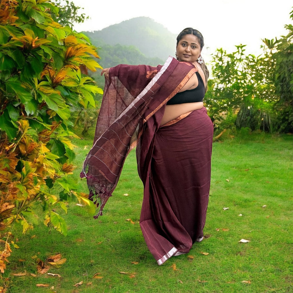 Maroon Soft Handloom Cotton Saree with Silver Zari Border – Timeless Everyday Elegance