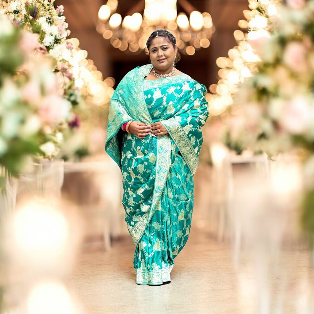 Pure Banarasi Silk Saree in Aqua Green with Rich Zari Weaving for Premium Wedding Collection