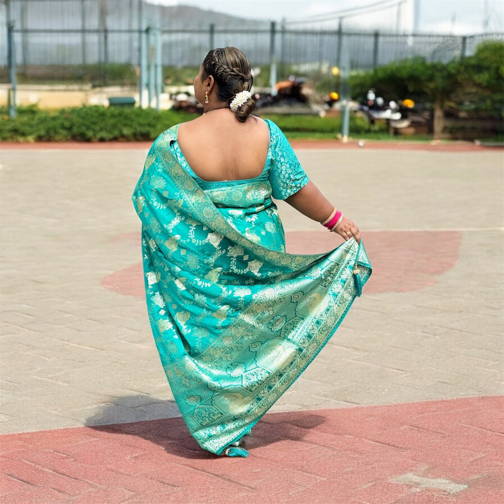Pure Banarasi Silk Saree in Aqua Green with Rich Zari Weaving for Premium Wedding Collection
