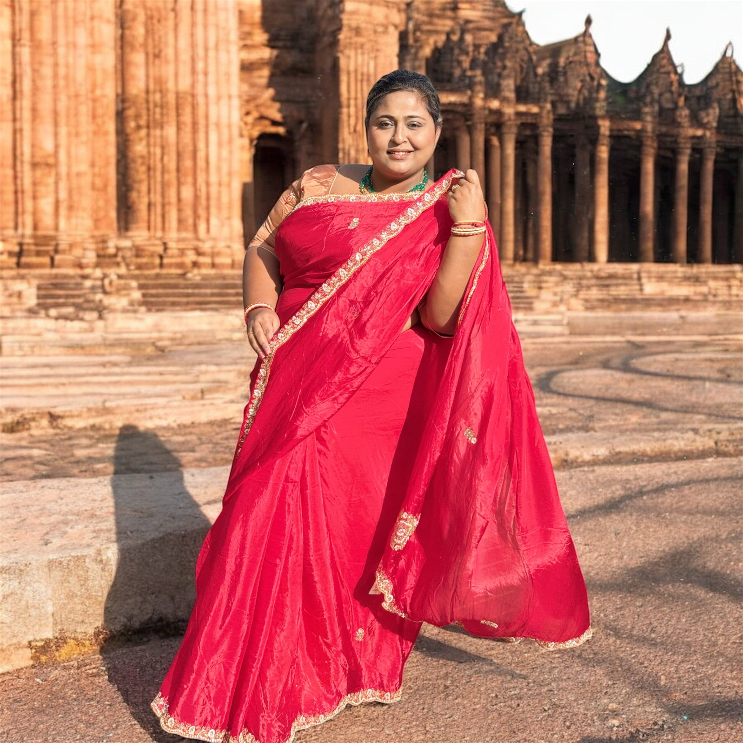 Pure Silk Blend Saree in Classic Rani Pink with Handcrafted Golden Border – ISHRI Exclusive