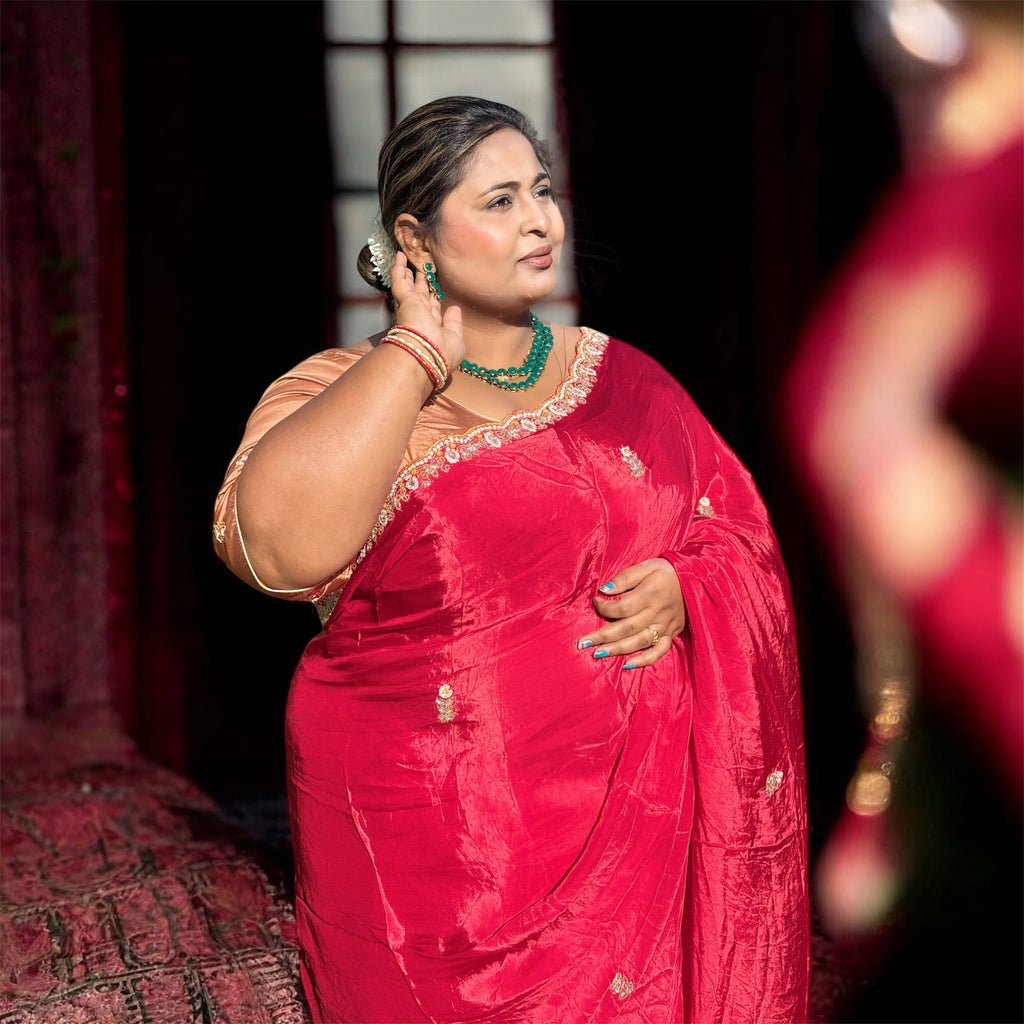 Pure Silk Blend Saree in Classic Rani Pink with Handcrafted Golden Border – ISHRI Exclusive