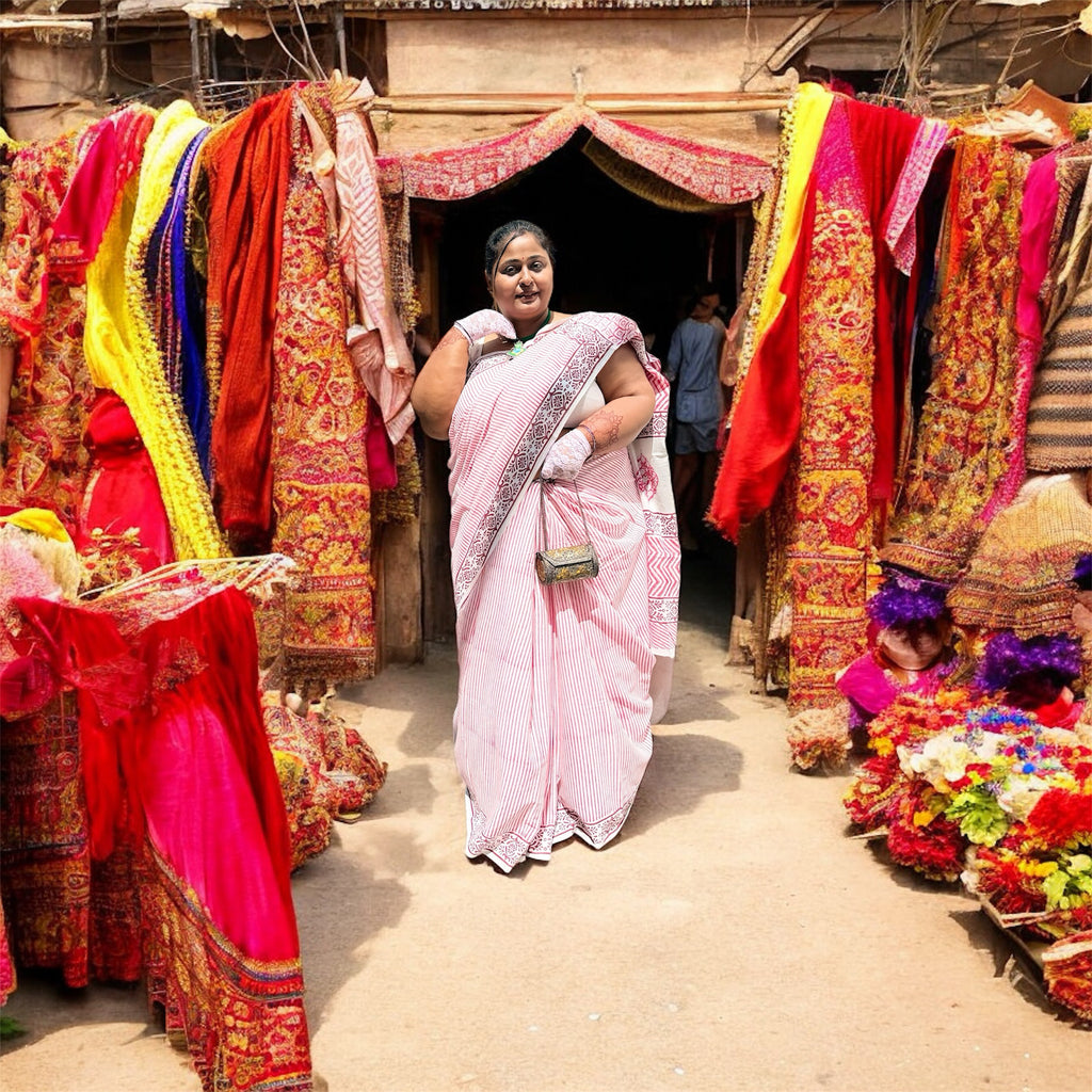 ISHRI Pure Cotton Saree with Pink Stripes – Everyday Office Elegance