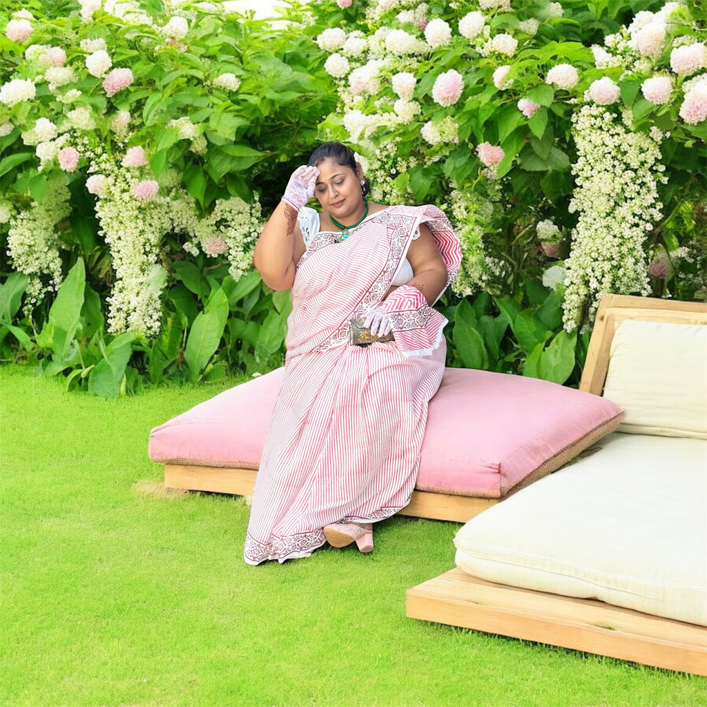 ISHRI Pure Cotton Saree with Pink Stripes – Everyday Office Elegance