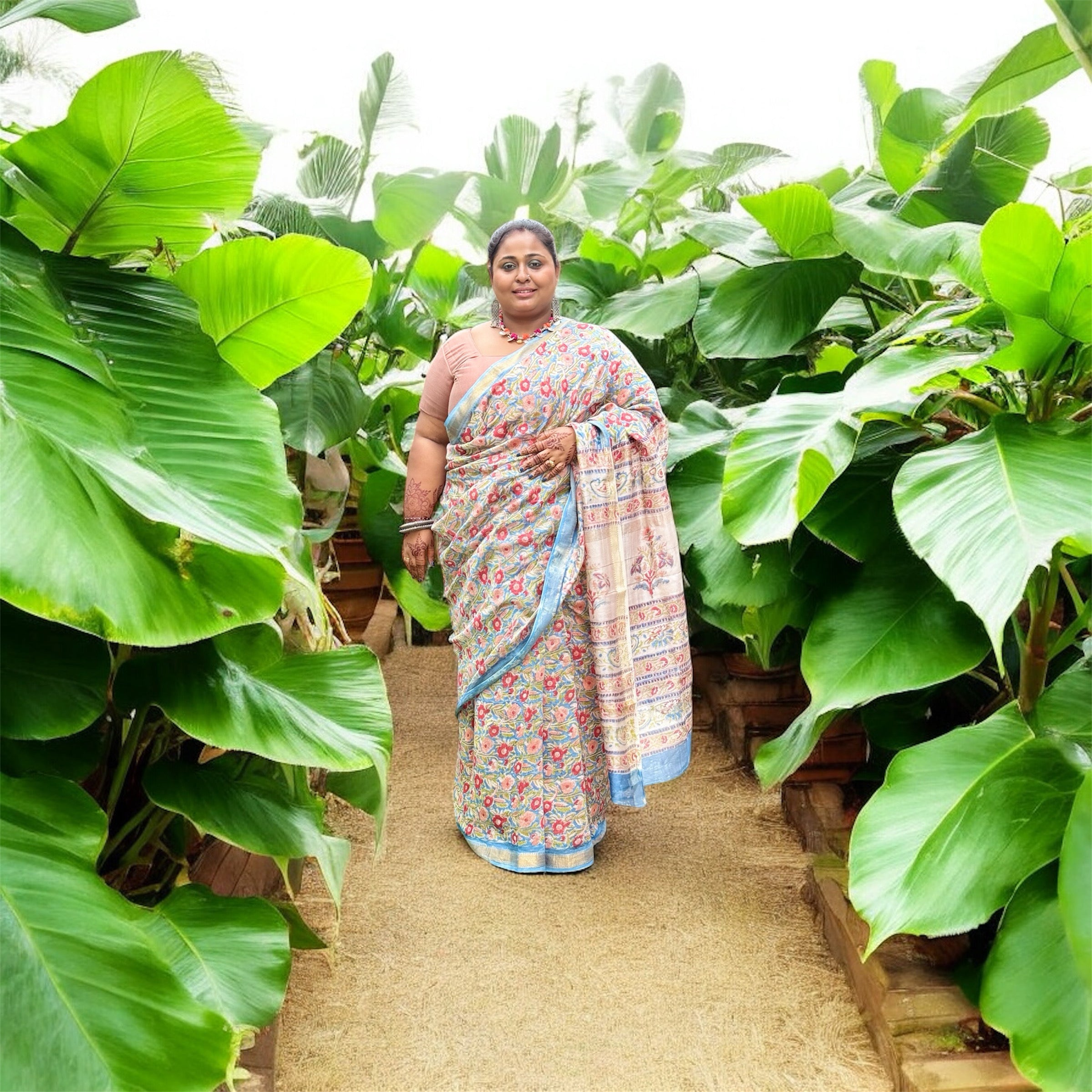 ISHRI Hand Block Printed Cotton Chanderi Silk Saree