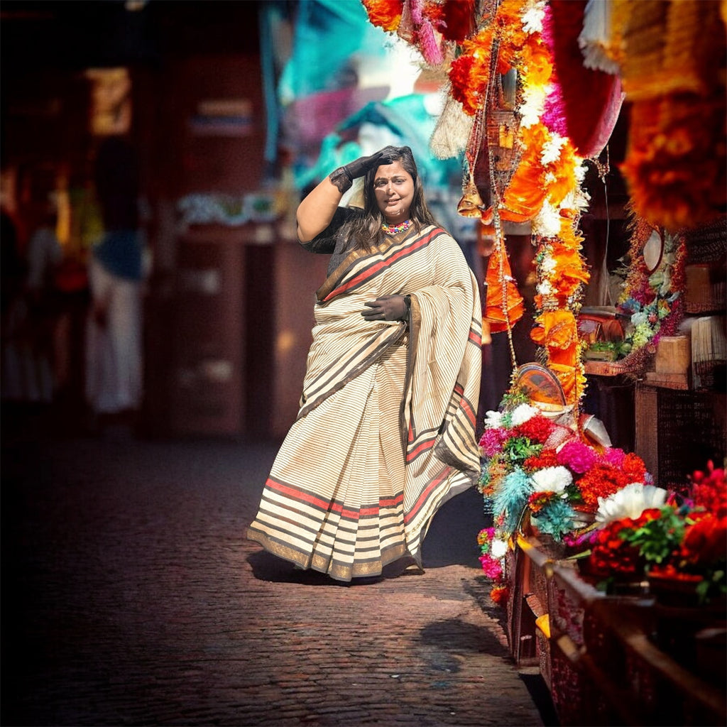 ISHRI Handwoven Chanderi Cotton Saree with Black Stripes