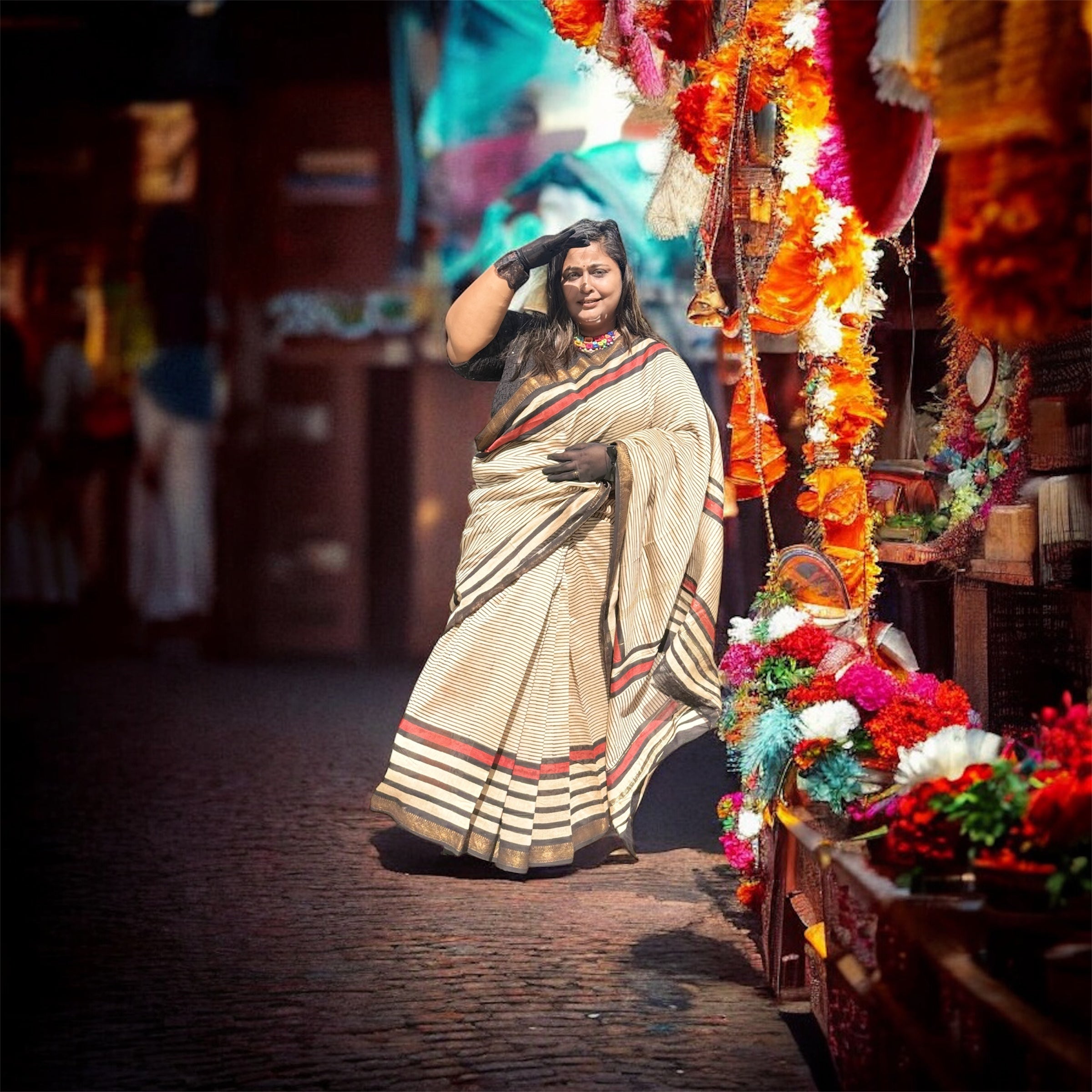 ISHRI Handwoven Chanderi Cotton Saree with Black Stripes
