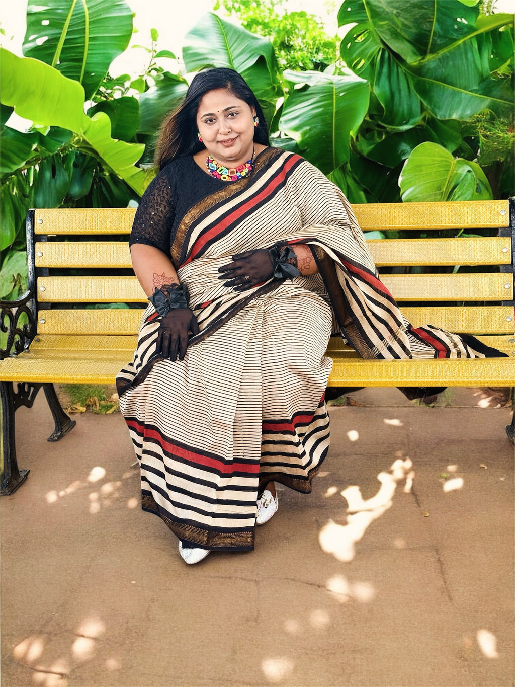 ISHRI Handwoven Chanderi Cotton Saree with Black Stripes