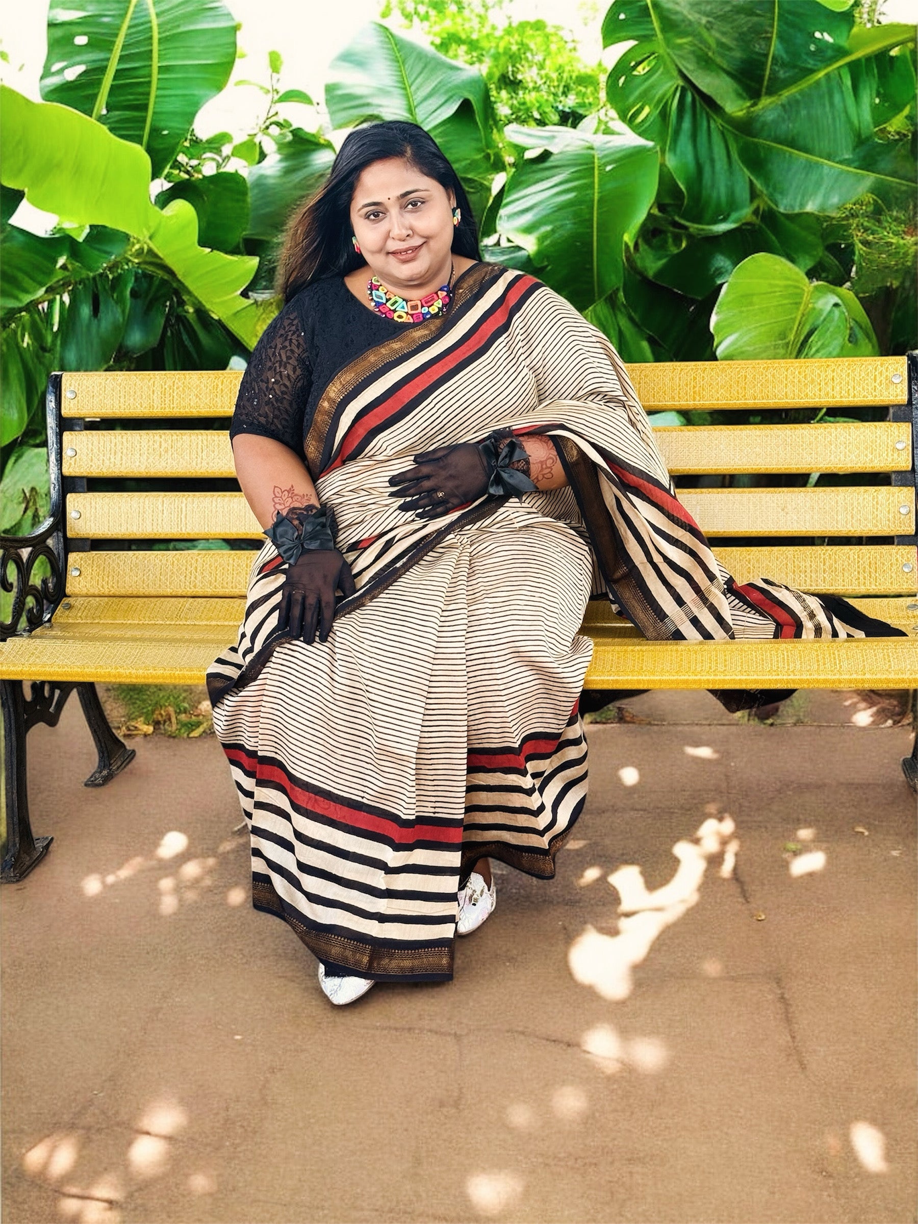 ISHRI Handwoven Chanderi Cotton Saree with Black Stripes