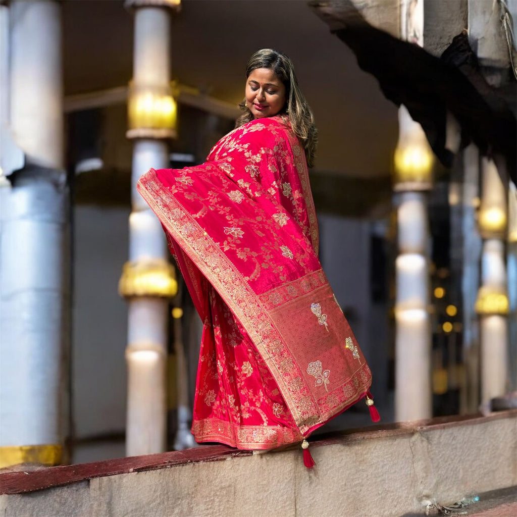 Deep Rani Banarasi Silk Saree with Golden Zari Woven Motifs – Wedding & Festive Collection