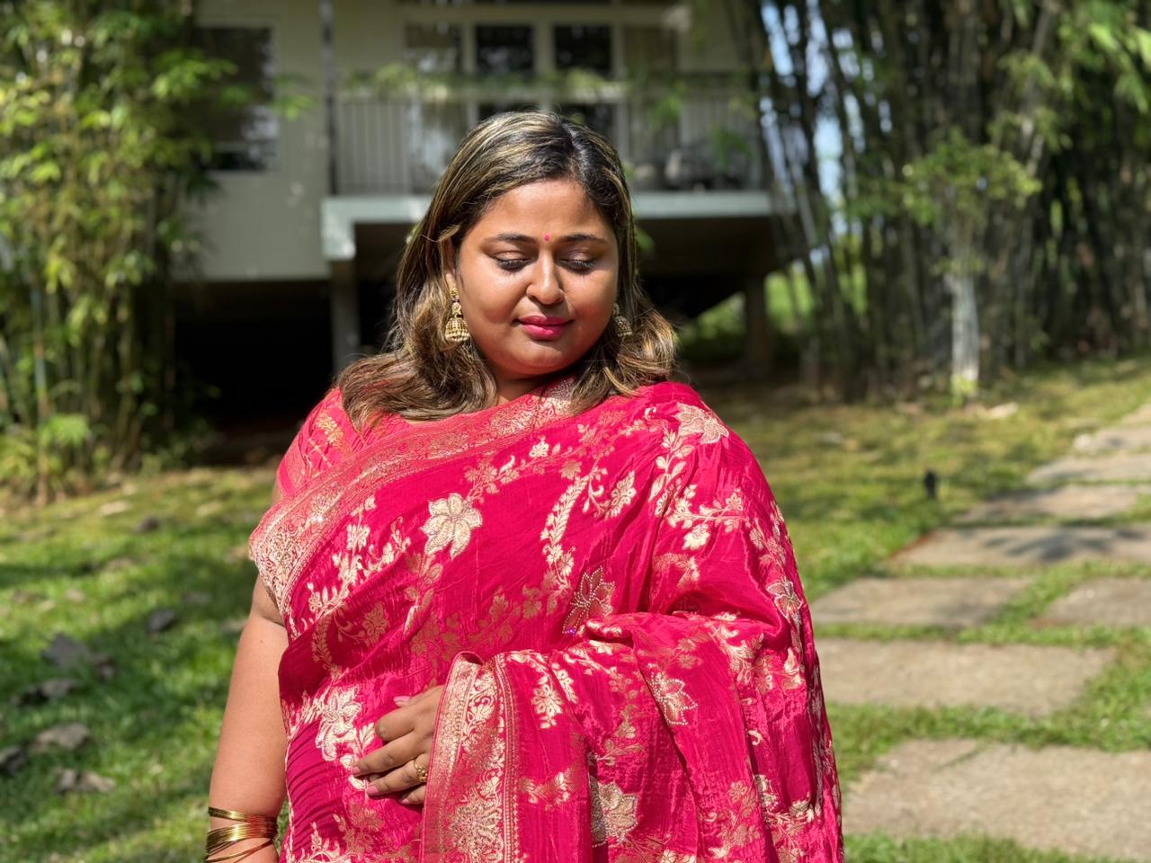 Deep Rani Banarasi Silk Saree with Golden Zari Woven Motifs – Wedding & Festive Collection