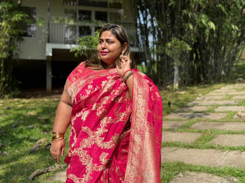 Deep Rani Banarasi Silk Saree with Golden Zari Woven Motifs – Wedding & Festive Collection