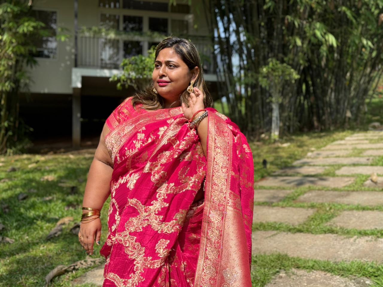 Deep Rani Banarasi Silk Saree with Golden Zari Woven Motifs – Wedding & Festive Collection