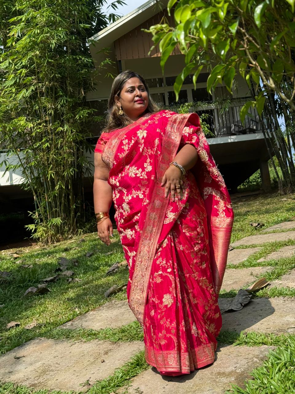 Deep Rani Banarasi Silk Saree with Golden Zari Woven Motifs – Wedding & Festive Collection