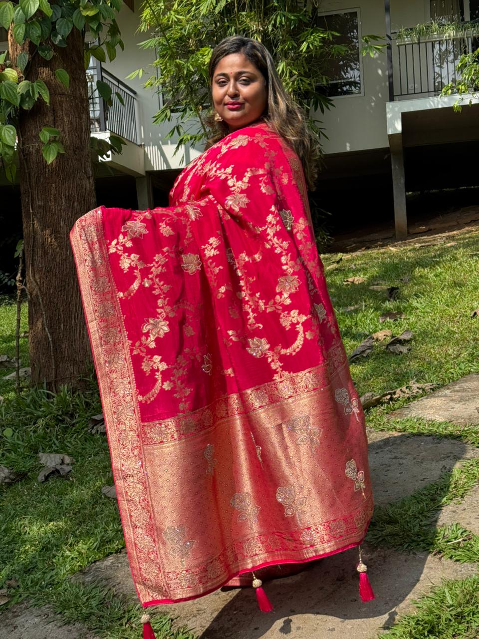 Deep Rani Banarasi Silk Saree with Golden Zari Woven Motifs – Wedding & Festive Collection